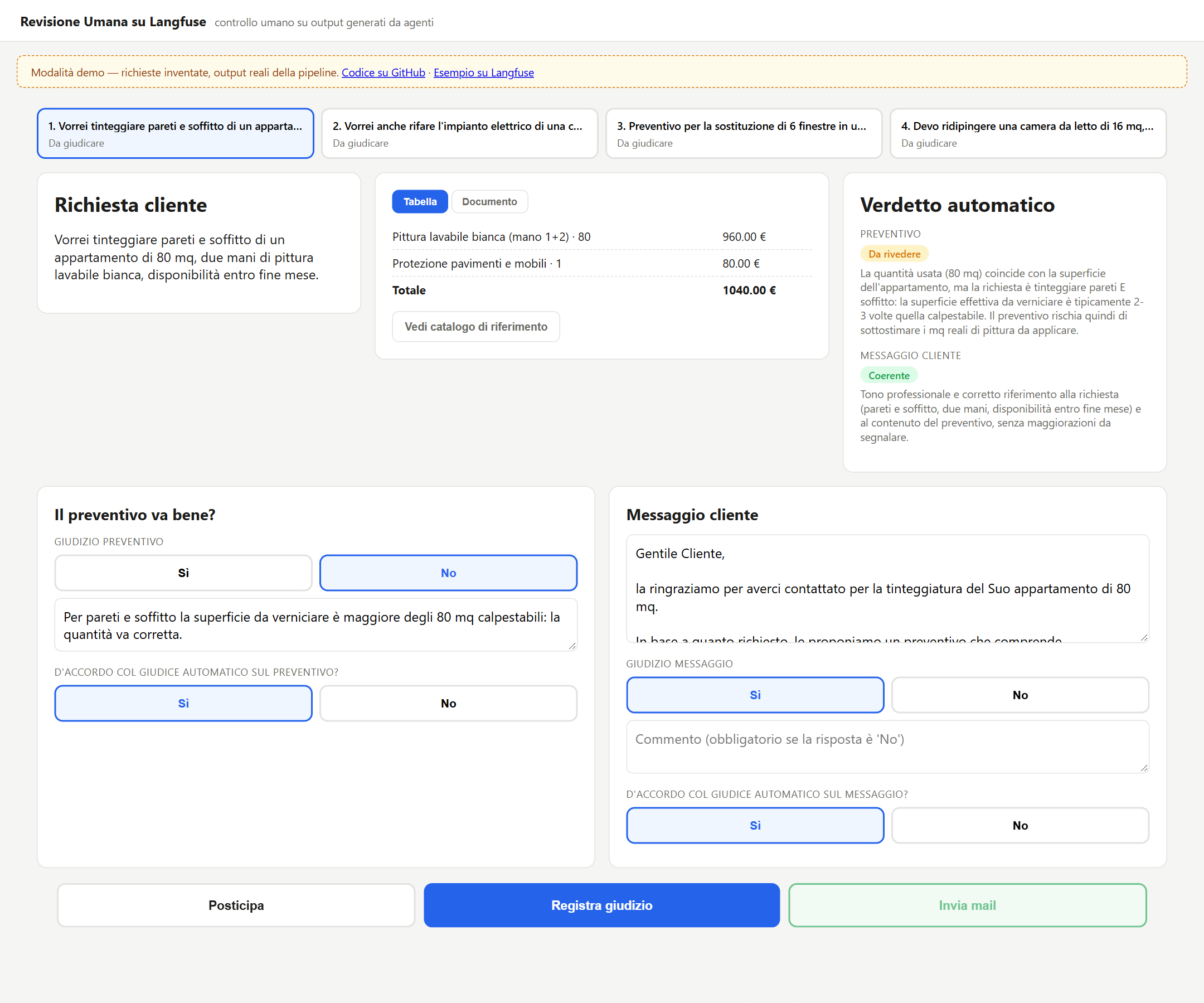 Review interface: request, quote and automated verdict above, reviewer judgment below